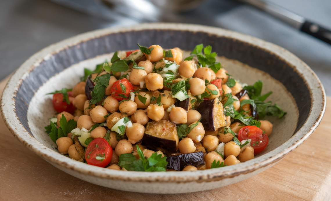 A vibrant bowl of chickpea and roasted eggplant salad with fresh herbs and lemon slices.