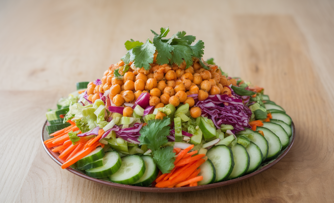 Chopped Thai Chickpea Salad with fresh vegetables, herbs, and a tangy dressing.