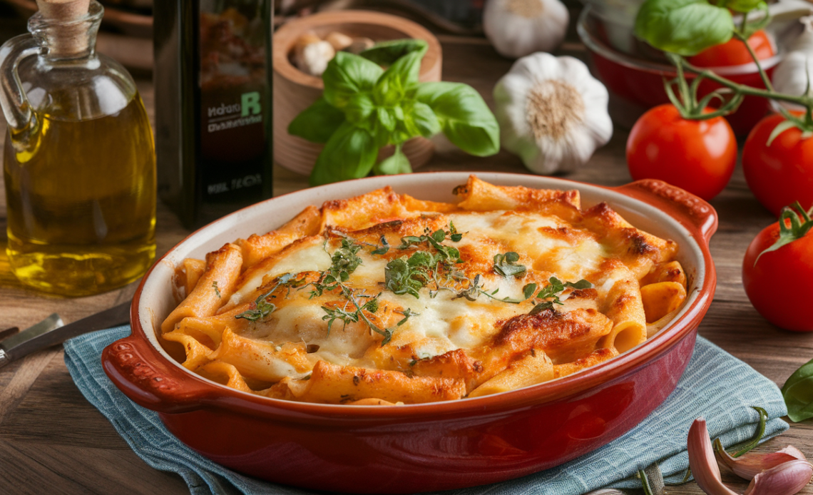 A plate of classic pasta all forno, topped with melted cheese and a golden, crispy crust.