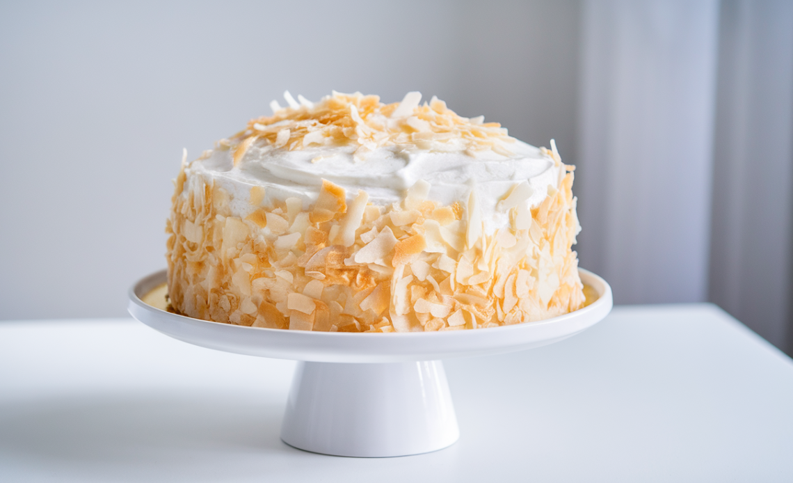 Fluffy coconut cloud cake slice topped with shredded coconut on a white plate.