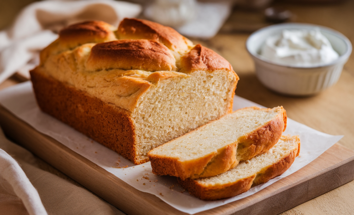 Freshly baked cottage cheese bread loaf with a golden crust on a wooden cutting board