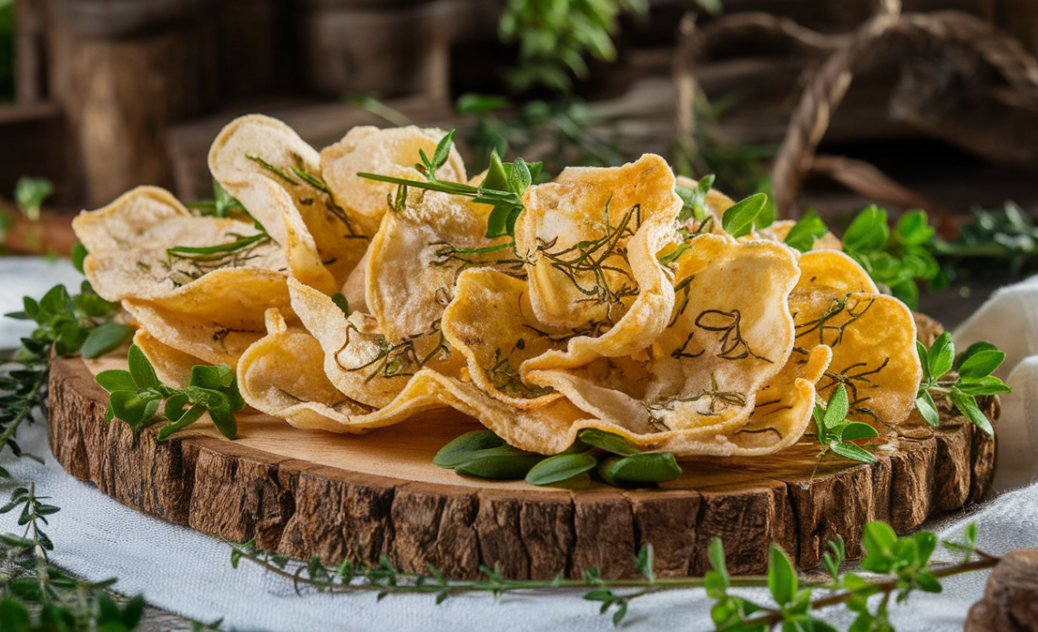 A bowl of crispy golden cottage cheese chips with a small dish of creamy dipping sauce.