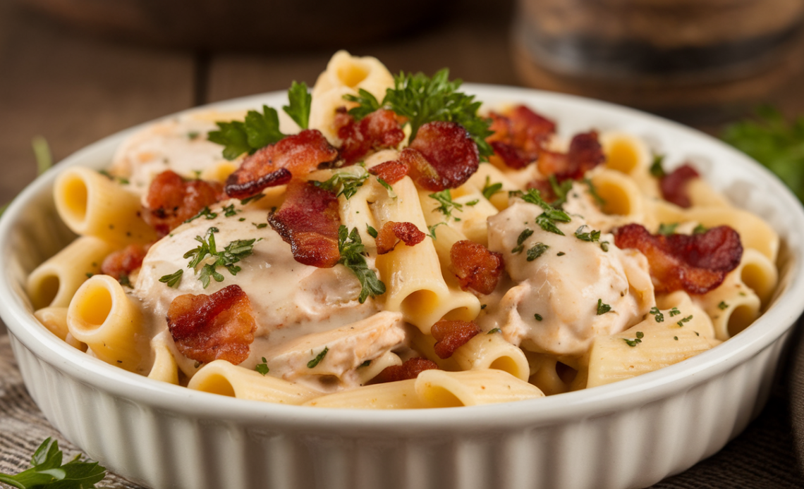 Cream cheese bacon chicken pasta served in a white bowl, topped with crispy bacon bits and fresh parsley.