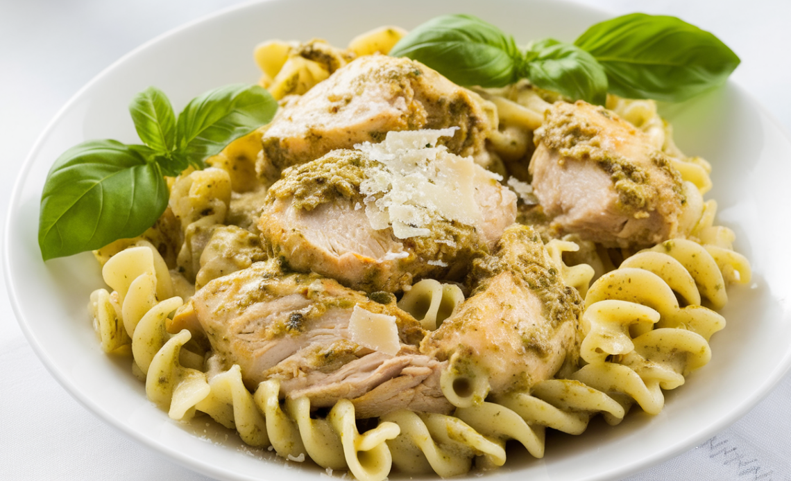 Creamy chicken pesto pasta served in a white bowl, garnished with fresh basil and parmesan cheese.