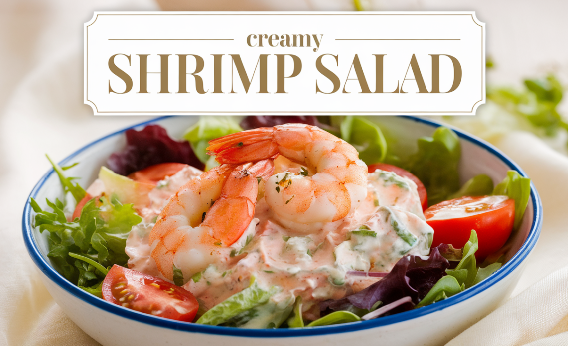 A vibrant, fresh creamy shrimp salad served in a white bowl, garnished with mixed greens, sliced cucumbers, and a drizzle of creamy dressing.