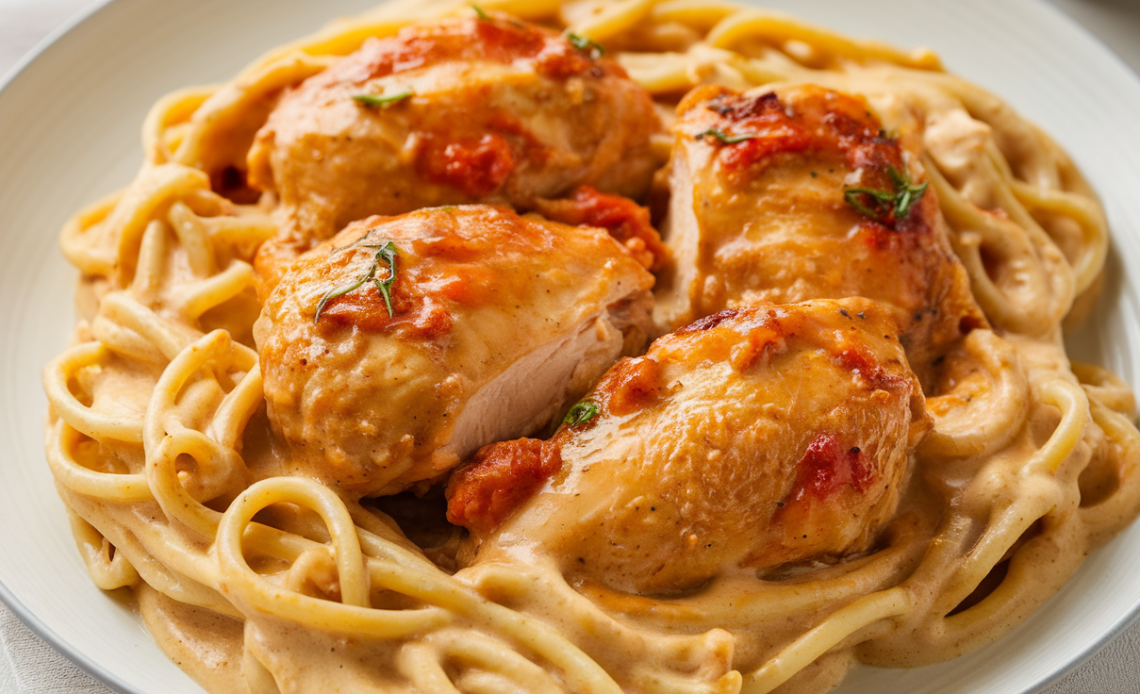 Creamy spaghetti pasta topped with tender chicken pieces and garnished with fresh herbs.