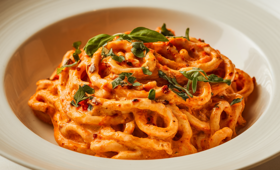 A close-up of creamy spicy pasta garnished with fresh herbs and red chili flakes, served in a white bowl.