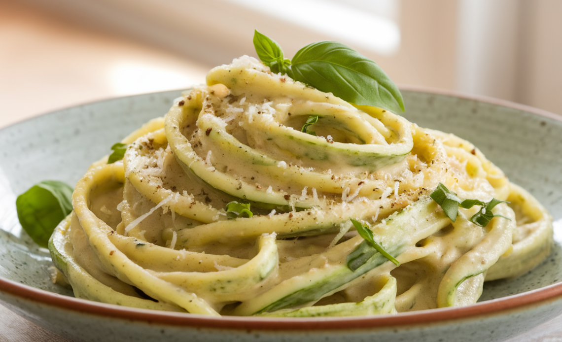 Creamy zucchini pasta sauce served over spaghetti, garnished with fresh basil and grated Parmesan.