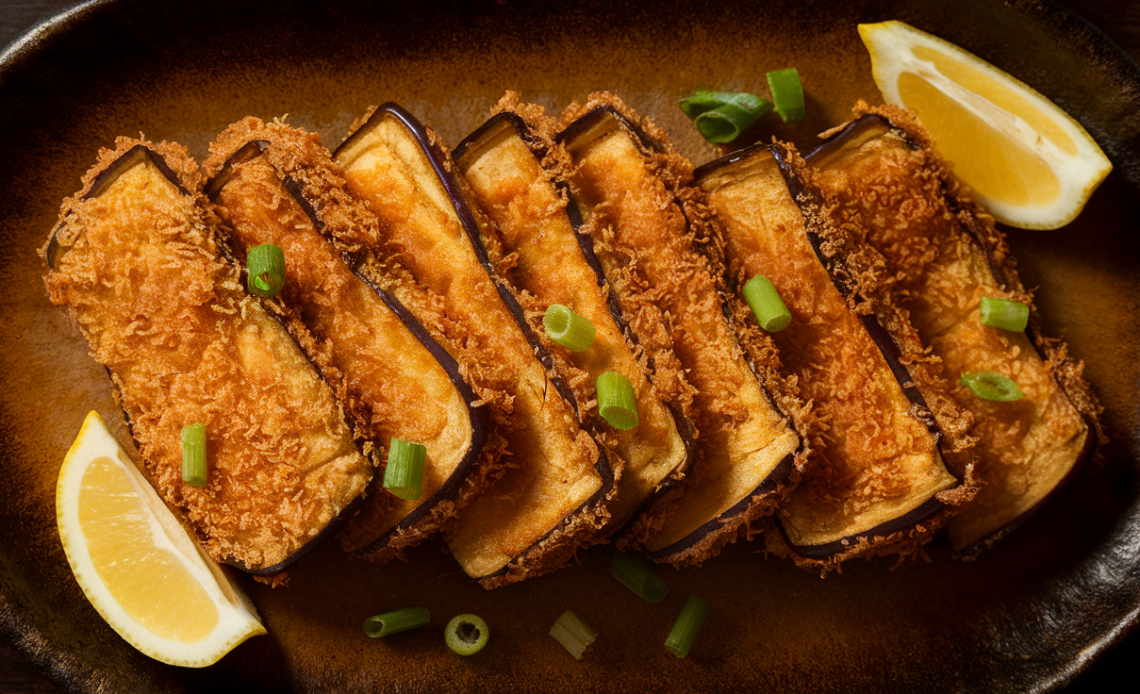 Golden-brown crispy eggplant katsu slices served on a white plate with dipping sauce.