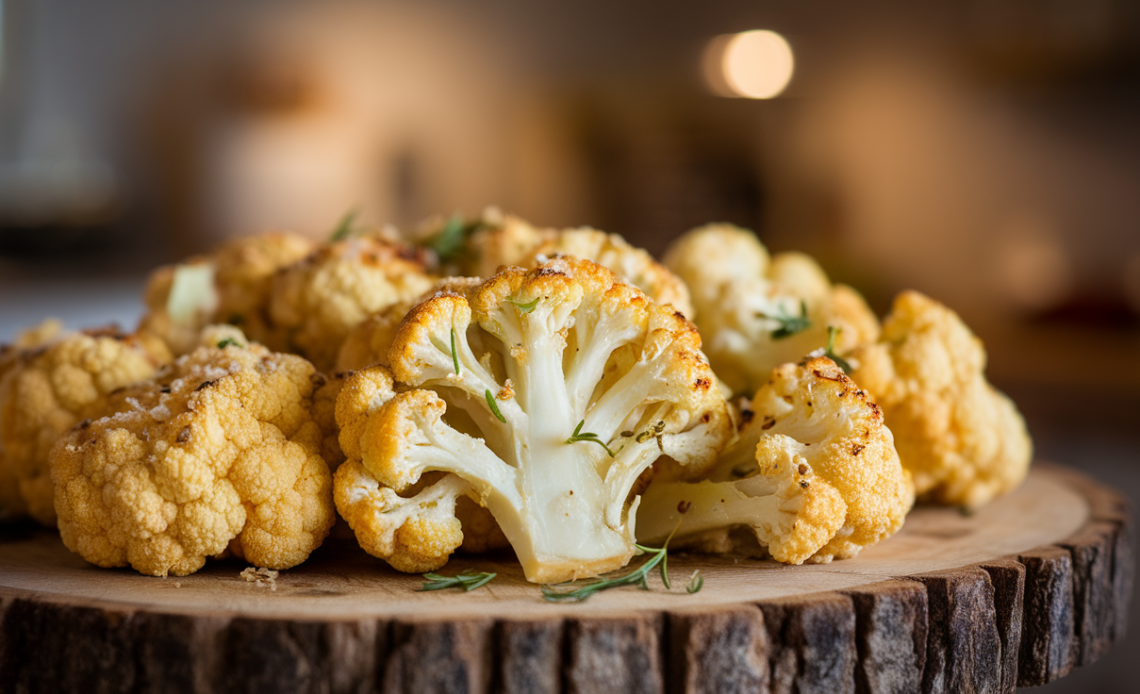 Golden-brown roasted cauliflower florets coated in crispy Parmesan, served on a white plate with fresh parsley garnish.