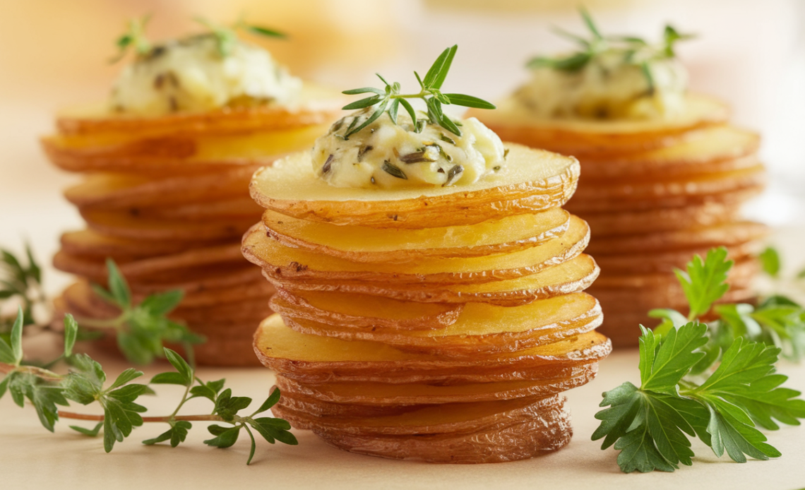 Golden crispy potato stacks topped with melting garlic herb butter on a white plate.