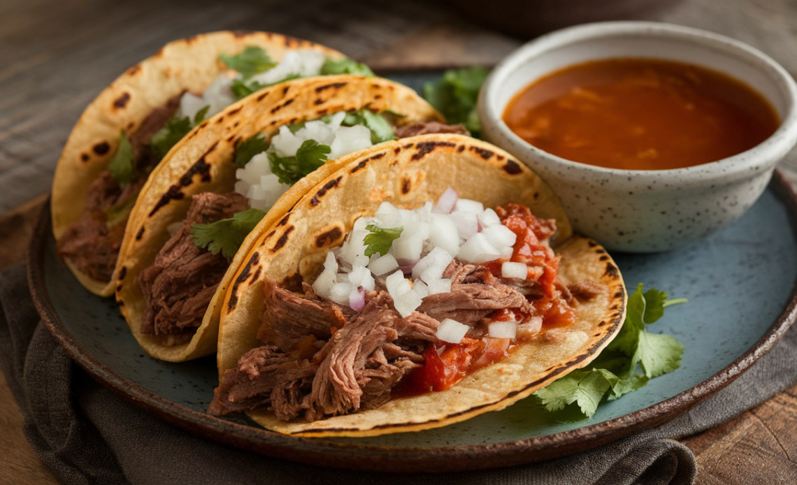 Slow-cooked birria tacos filled with tender beef, served with consommé and garnished with fresh cilantro and onions.
