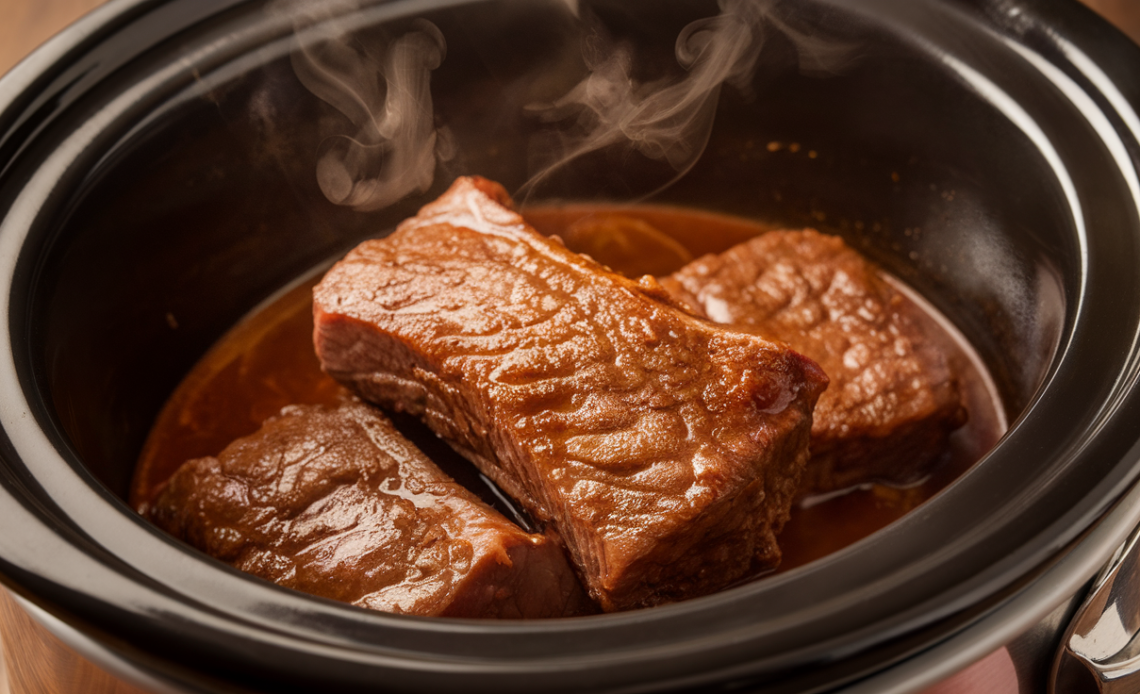Tender Crockpot beef short ribs in a rich, savory sauce served in a bowl.