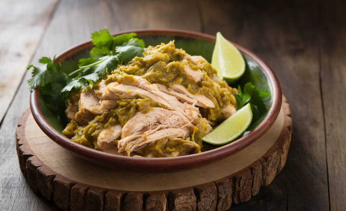 Slow cooker filled with shredded chicken simmering in green salsa verde sauce, garnished with fresh cilantro.