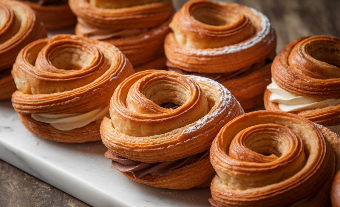 Close-up of a freshly baked Cromboloni pastry, filled with cream and dusted with powdered sugar