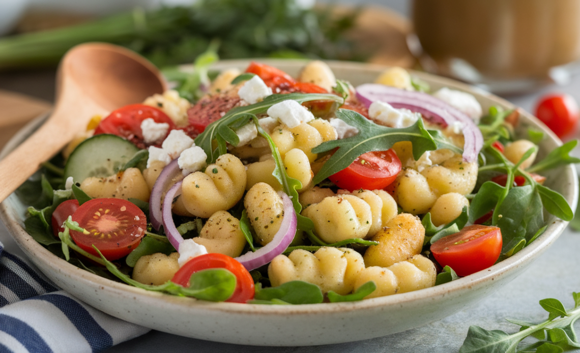 A vibrant plate of crunchy gnocchi salad with golden-brown gnocchi, cherry tomatoes, arugula, red onions, and shaved Parmesan, drizzled with a light vinaigrette.