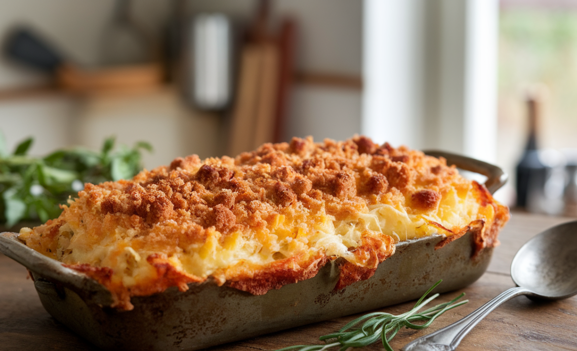 Golden, creamy Delmonico potatoes topped with melted cheese and garnished with fresh parsley in a white baking dish.