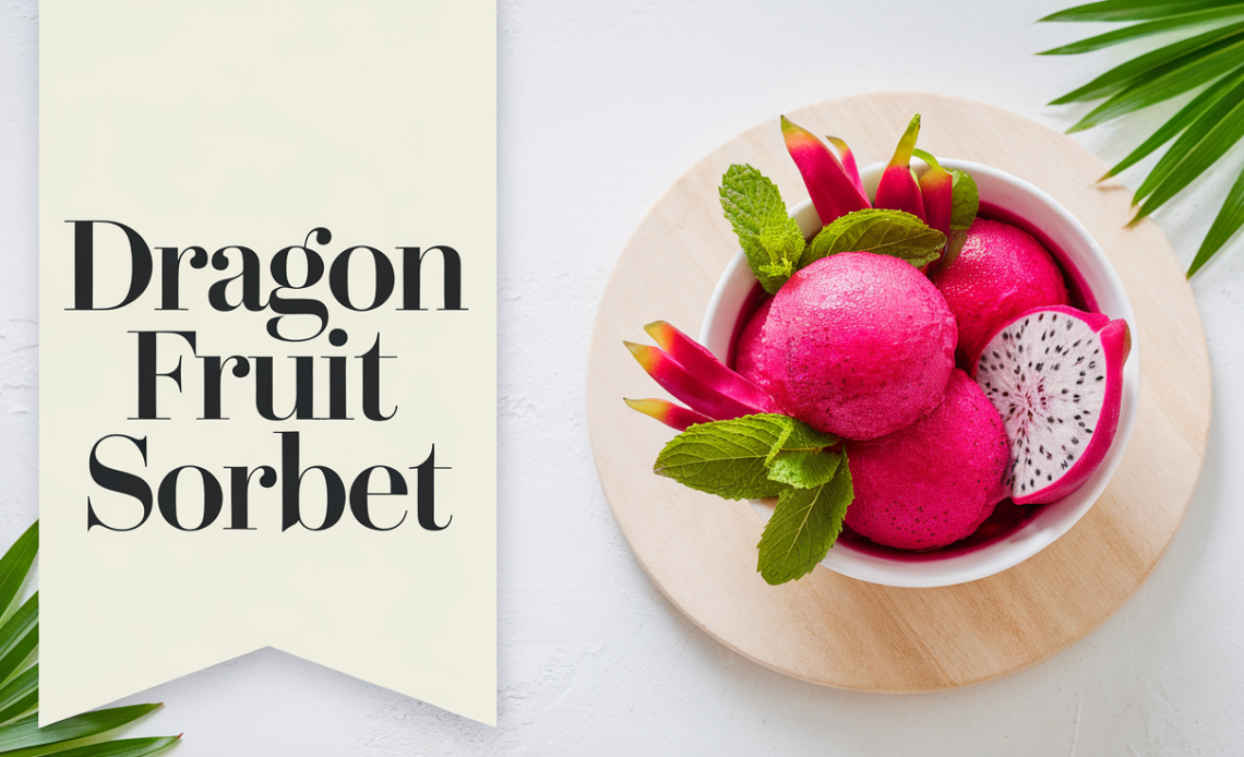 Vibrant pink dragon fruit sorbet served in a bowl, garnished with fresh mint and dragon fruit slices.
