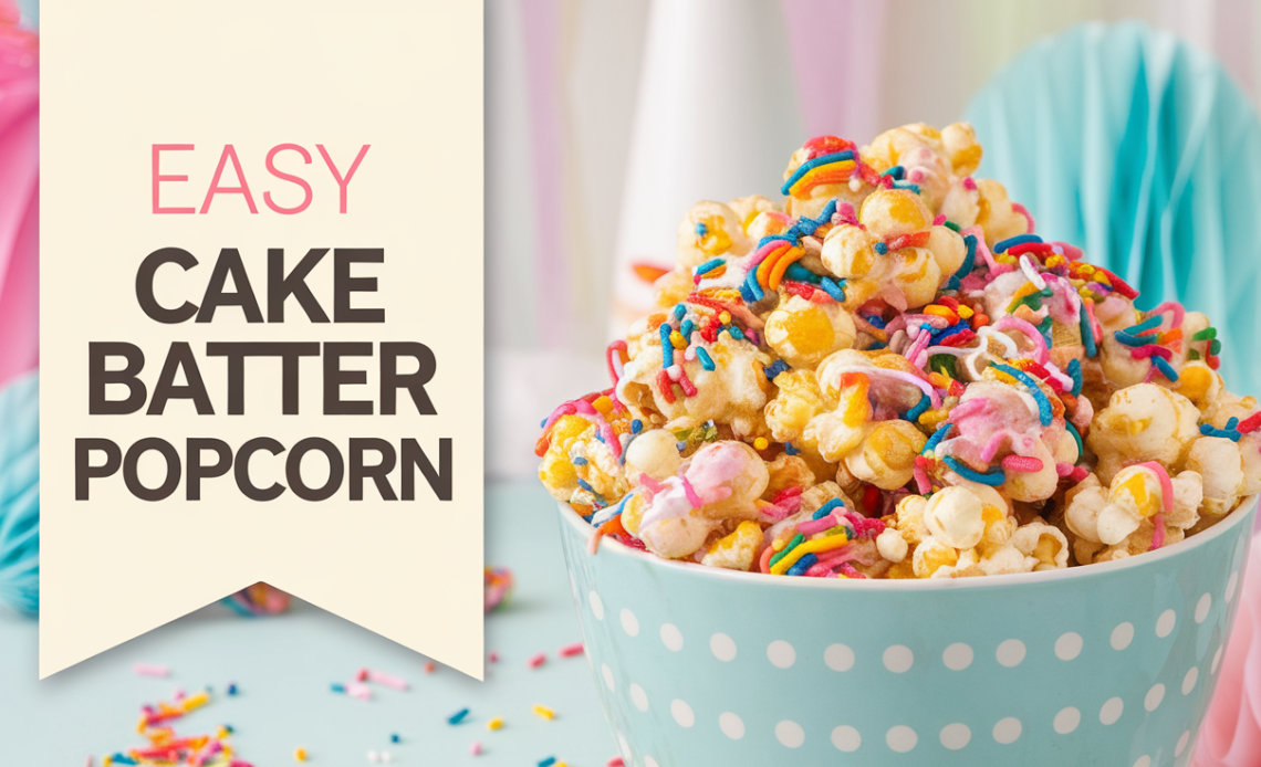 Bowl of colorful cake batter popcorn topped with rainbow sprinkles.