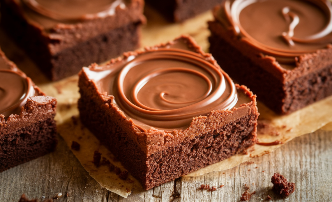 A stack of fudgy, glossy Nutella brownies on a white plate, with a bite taken out of the top brownie showing the rich, gooey interior.