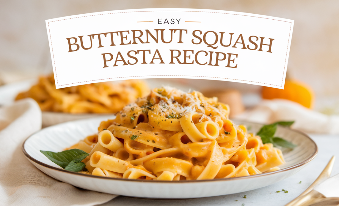 A delicious plate of butternut squash pasta topped with fresh herbs and grated parmesan, served on a rustic wooden table.