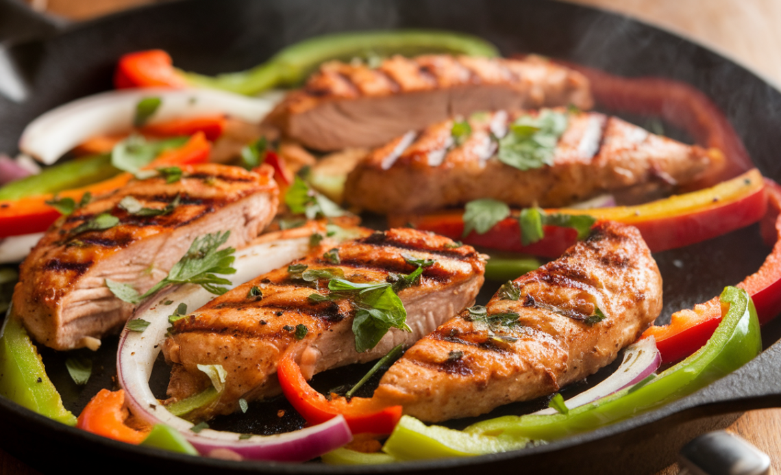Sizzling chicken fajitas with colorful bell peppers and onions served on a warm tortilla.