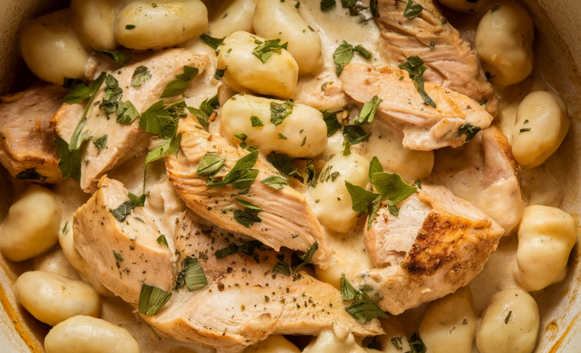 A bowl of creamy chicken gnocchi garnished with fresh herbs, served steaming hot.