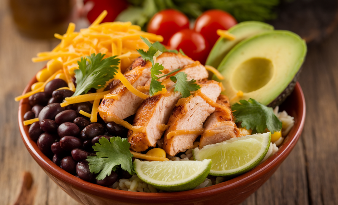 Bowl filled with Southwest chicken, black beans, corn, rice, avocado, tomatoes, and lime wedges, garnished with fresh cilantro.