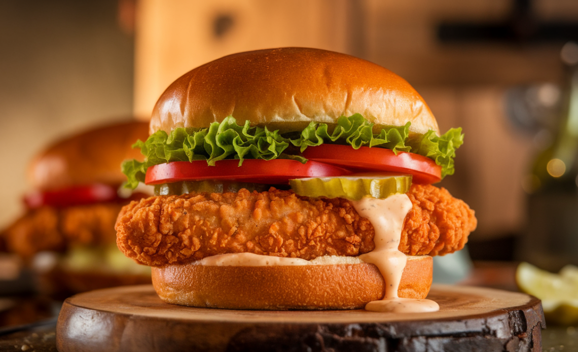 Close-up of a buttermilk fried crispy chicken burger with lettuce, pickles, and sauce in a toasted brioche bun.