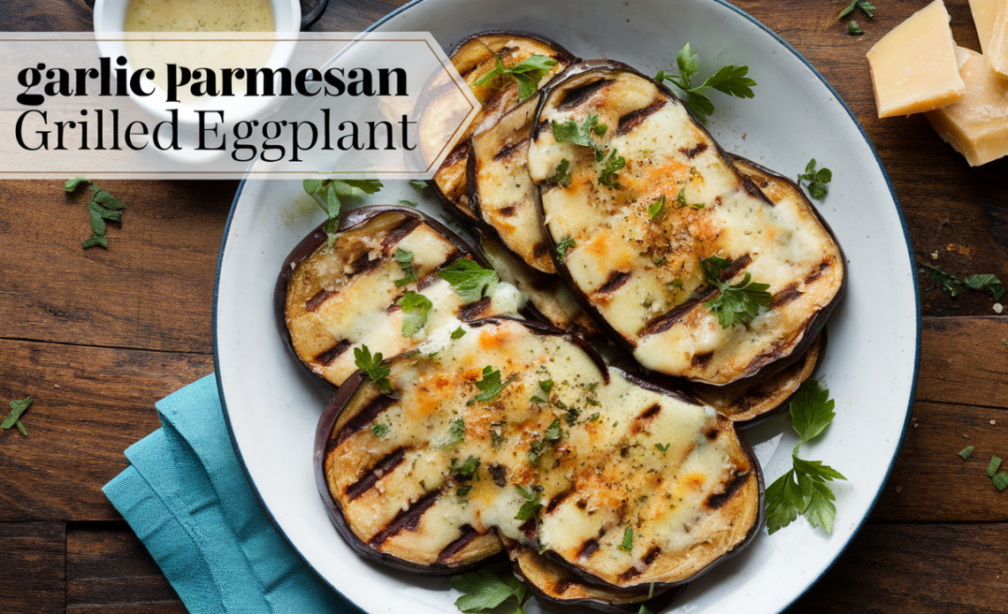 Slices of grilled eggplant topped with golden melted Parmesan and garlic, garnished with fresh herbs.
