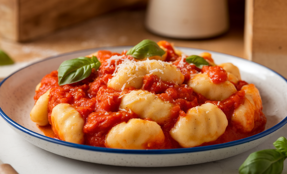 A plate of soft gnocchi covered in vibrant red pomodoro sauce, garnished with fresh basil leaves and a sprinkle of grated Parmesan cheese.