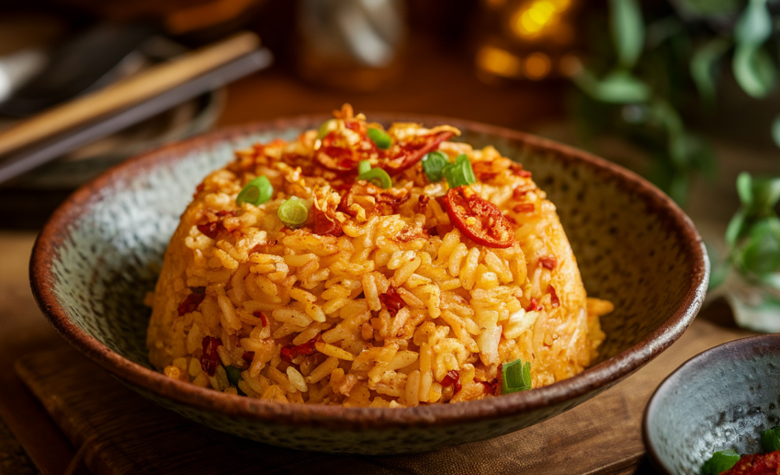 A bowl of golden chili oil fried rice garnished with green onions and sesame seeds.