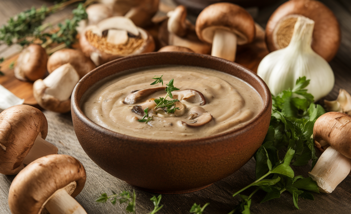 A creamy bowl of Gordon Ramsay’s mushroom soup garnished with fresh herbs and a drizzle of cream.