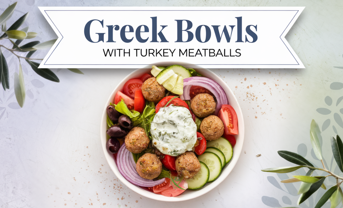 A vibrant bowl filled with Greek-inspired ingredients, featuring turkey meatballs, cucumbers, tomatoes, olives, and a creamy tzatziki sauce on a bed of fresh greens.