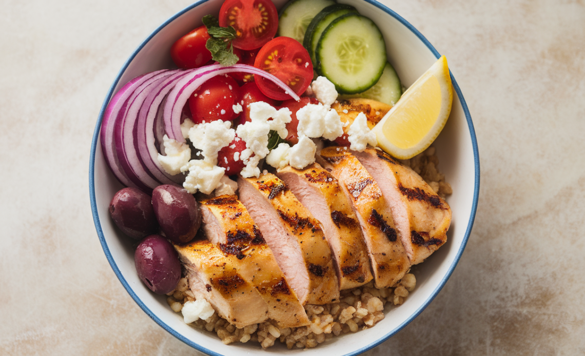 Colorful Greek chicken bowl with grilled chicken, cherry tomatoes, cucumbers, red onions, olives, and tzatziki over rice.
