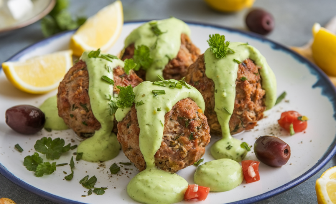 Close-up of golden-brown Greek lamb meatballs served on a white plate, drizzled with creamy green avocado goddess sauce and garnished with fresh herbs.