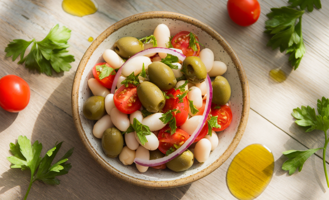 A fresh Green Olive Bean Salad served in a white bowl, featuring green olives, white beans, red onion, and fresh herbs.