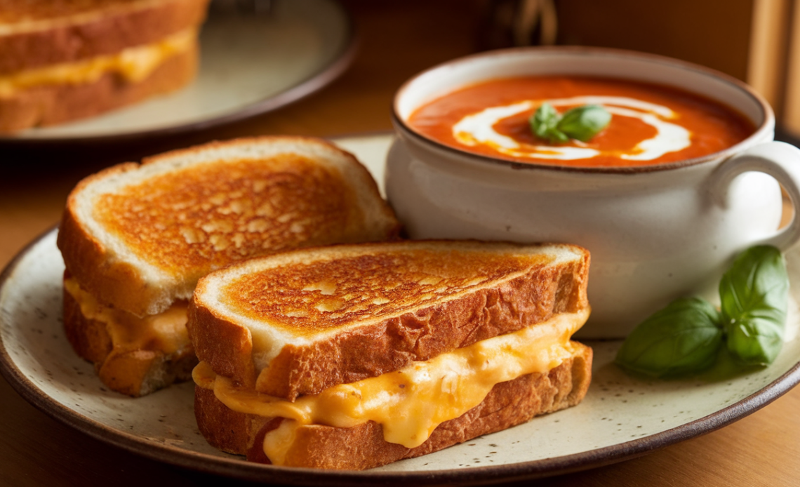 A golden grilled cheese sandwich with melted cheddar, served beside a steaming bowl of creamy tomato soup.