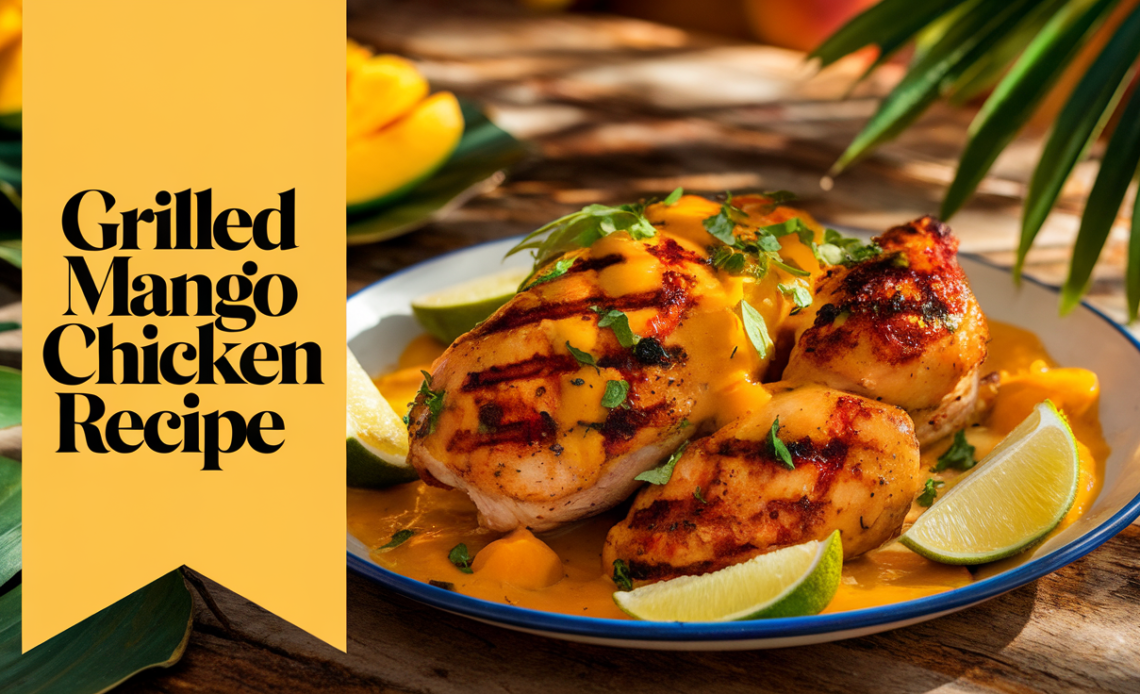 Grilled mango chicken breasts garnished with fresh cilantro and lime slices on a rustic wooden plate.
