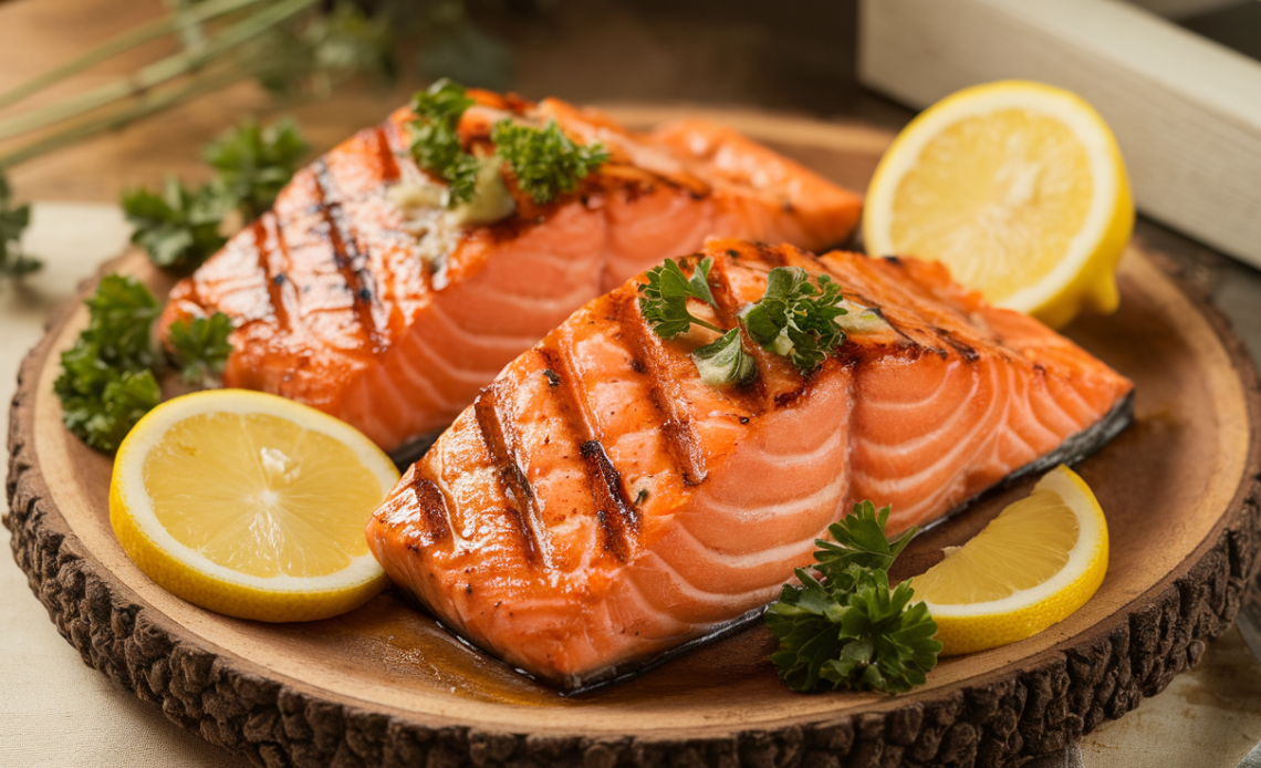 Grilled salmon fillet topped with lemon slices and a garlic butter glaze, served on a white plate with herbs.