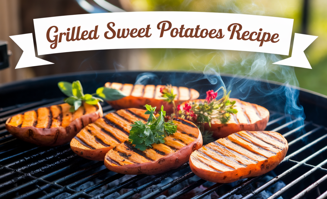 Grilled sweet potatoes served with a sprinkle of herbs and spices on a plate.