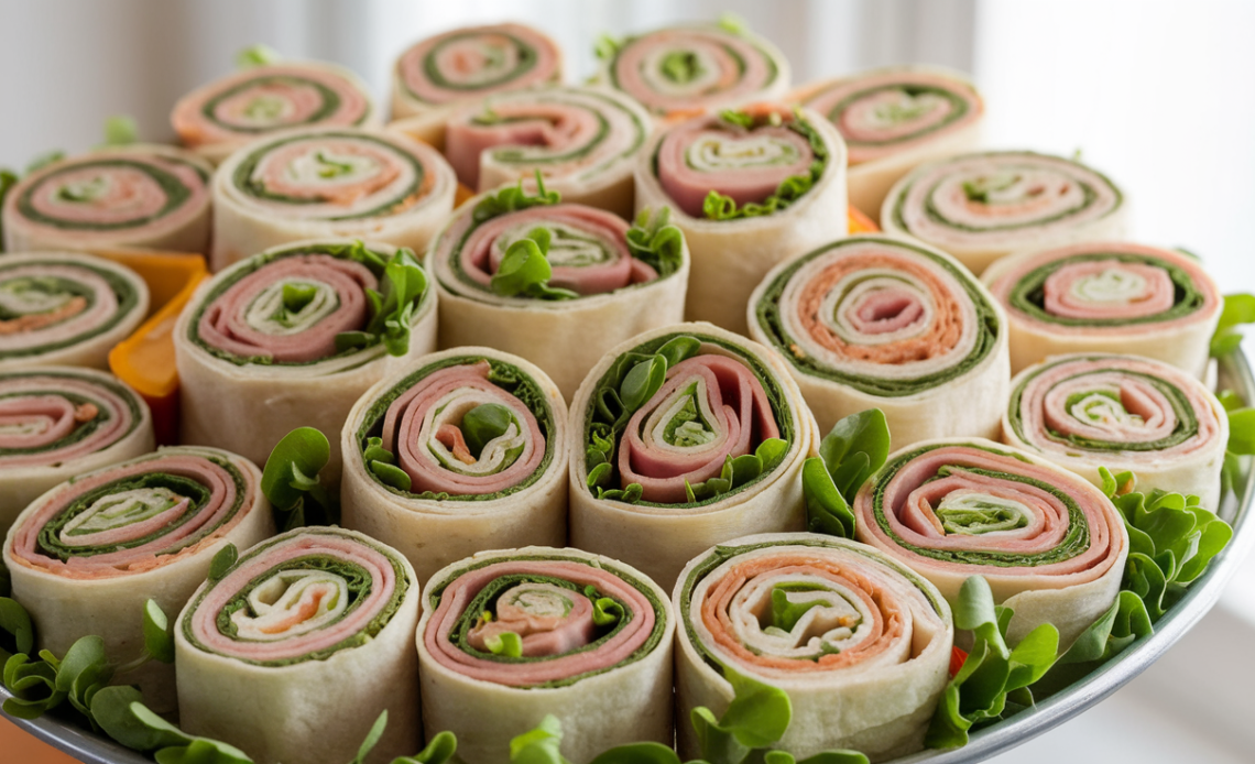 Ham and turkey pinwheel sandwiches sliced into spirals on a serving plate.