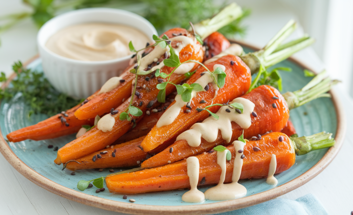 Roasted carrots glazed with harissa and honey, served with a drizzle of creamy tahini yogurt sauce on a rustic plate.