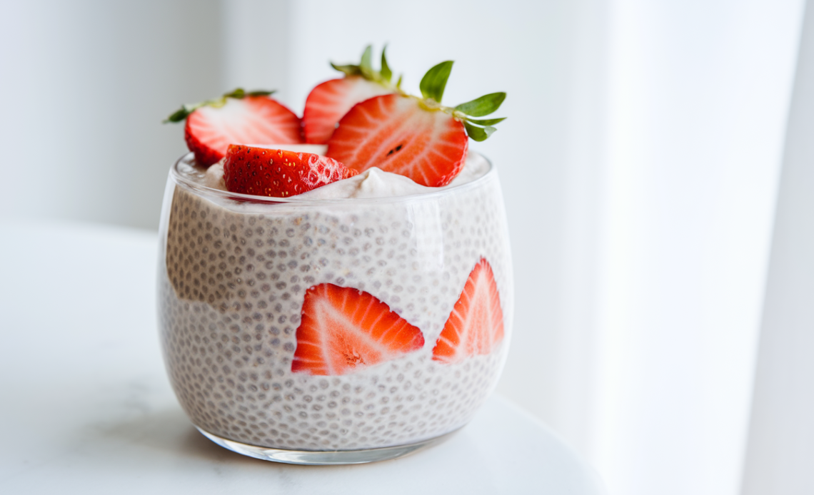 A creamy bowl of high-protein strawberry chia seed pudding topped with fresh strawberry slices and a sprinkle of chia seeds.