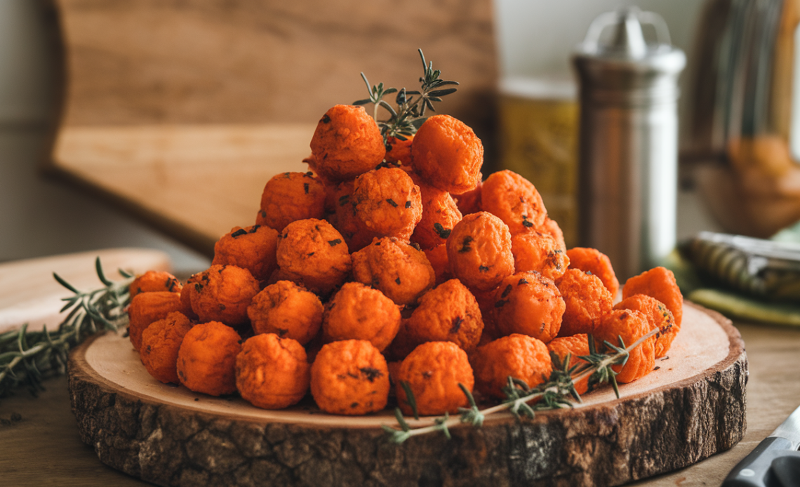 Golden homemade carrot tots served on a white plate with a side of dipping sauce.