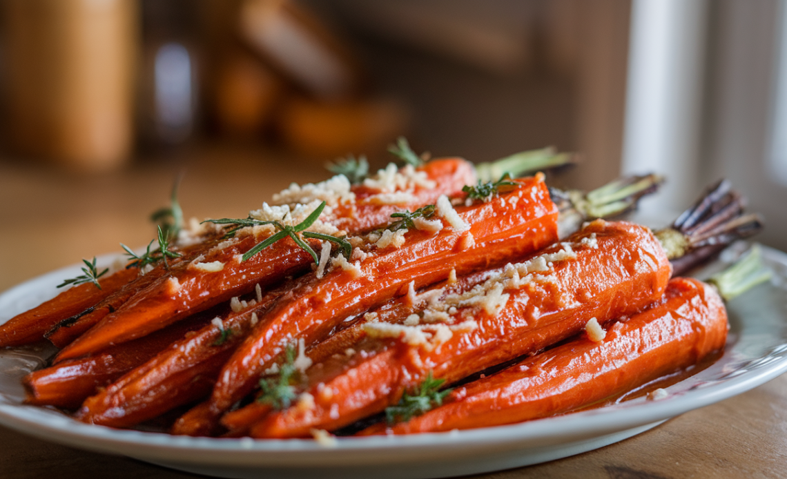 A vibrant plate of roasted carrots glazed with hot honey and sprinkled with grated Parmesan cheese.