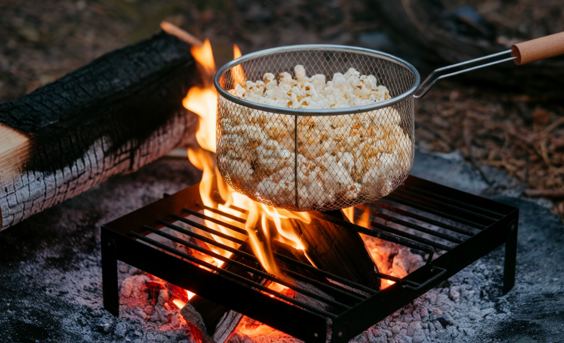 Hand holding a homemade popcorn cage over a campfire, with popcorn popping inside the wire mesh.