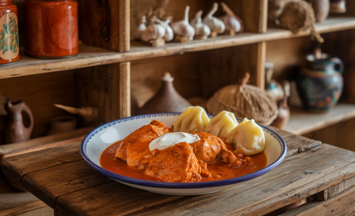 A delicious plate of Hungarian Chicken Paprikash served with sour cream, garnished with fresh parsley, and accompanied by dumplings.