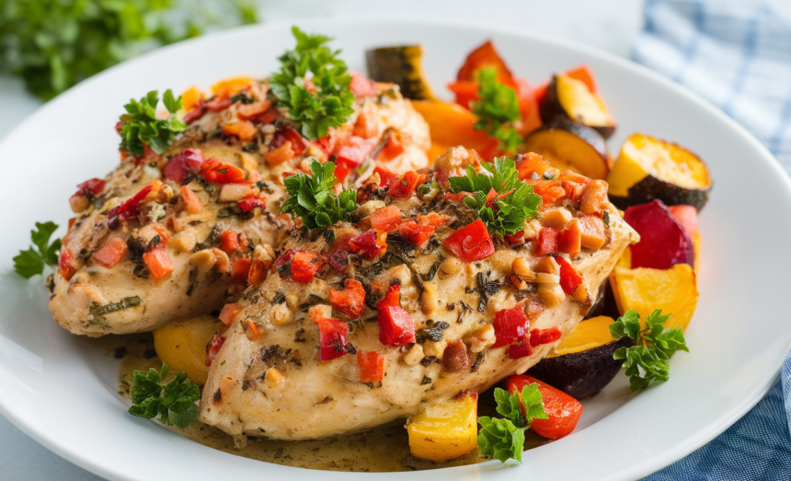 Grilled chicken breasts glazed with Italian dressing, garnished with fresh herbs.