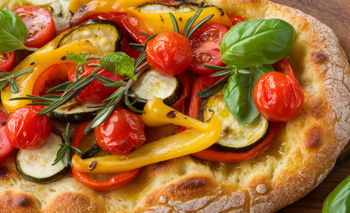 Close-up of a golden-brown Italian vegetable schiacciata topped with colorful roasted vegetables and fresh herbs.